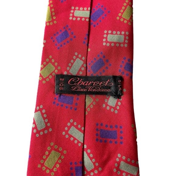 Charvet 100% Silk Neck Tie Red Colorful Geo Confetti Print Made In France Luxury - Picture 2 of 6